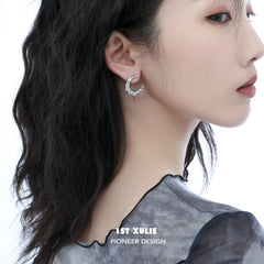 1ST XULIE "MYTH OF THE MOON" Celestial Black Mother-of-pearl Statement Moon Earrings in Platinum Plated - Side View