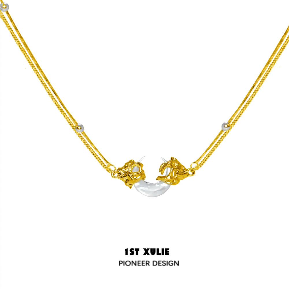 1ST XULIE "MYTH OF THE MOON" Celestial Black Shell Crescent Moon Pendant in 24K Gold Plated 925 Sterling Silver - Detail Shot