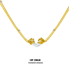 1ST XULIE "MYTH OF THE MOON" Celestial Black Shell Crescent Moon Pendant in 24K Gold Plated 925 Sterling Silver - Detail Shot