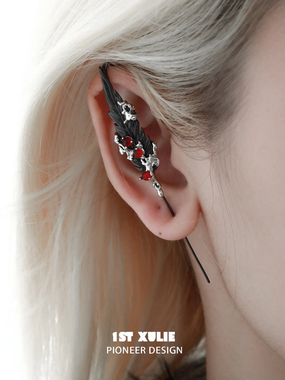 1ST XULIE "Lucifer" Black Swan Wing Dangle Earrings in Platinum Plated - Product View