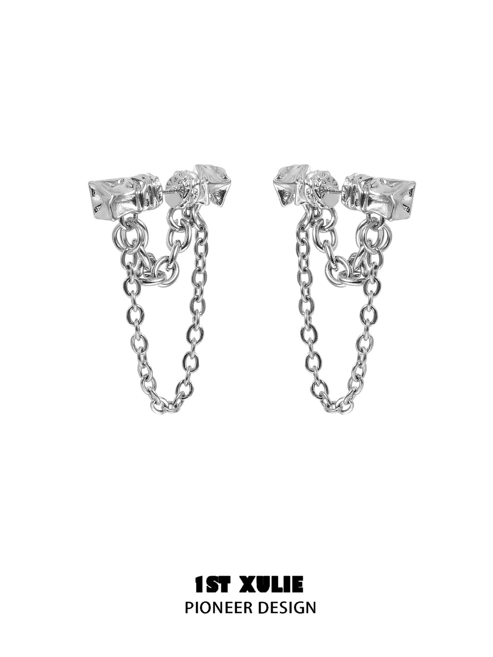 1ST XULIE "Silver Angel" Modern Geometric Block Chain Dangle Earrings in Platinum Plated Brass - Detail Shot