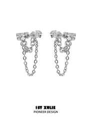 1ST XULIE "Silver Angel" Modern Geometric Block Chain Dangle Earrings in Platinum Plated Brass - Detail Shot