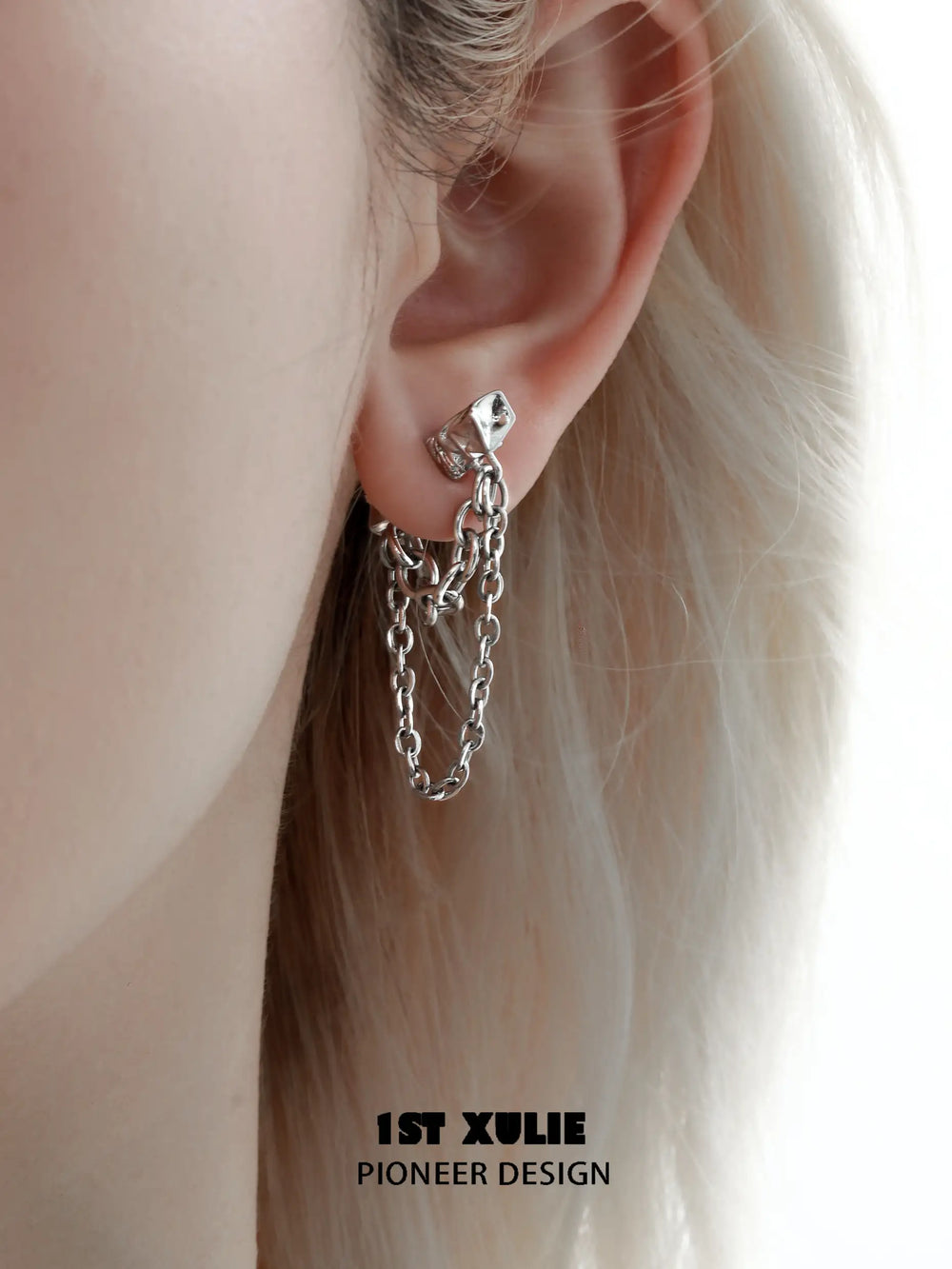 1ST XULIE "Silver Angel" Modern Geometric Block Chain Dangle Earrings in Platinum Plated Brass - Product View