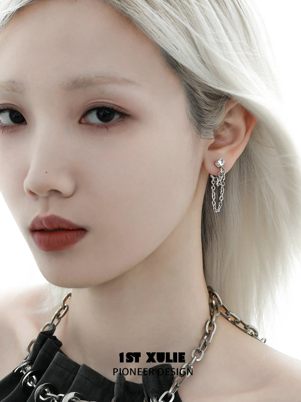 1ST XULIE "Silver Angel" Modern Geometric Block Chain Dangle Earrings in Platinum Plated Brass - On Model