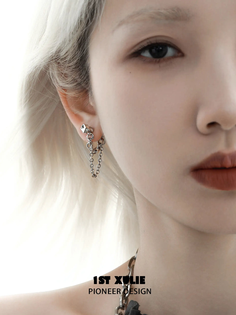 1ST XULIE "Silver Angel" Modern Geometric Block Chain Dangle Earrings in Platinum Plated Brass - Side View