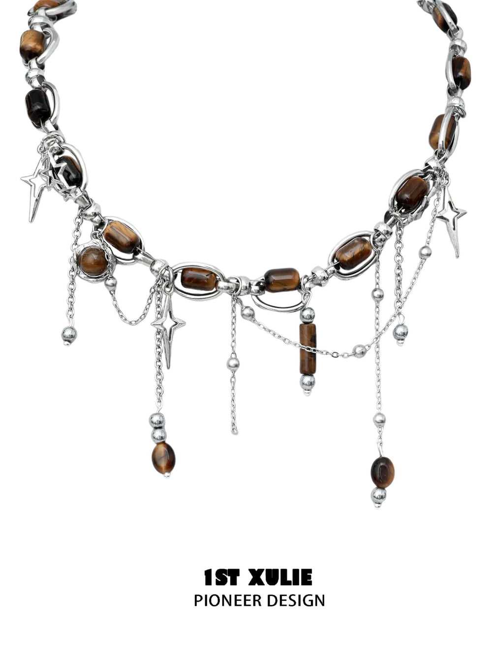 1ST XULIE "Desert Sunset" Boho Tiger Eye Tassel Necklace in 18K Gold Plated Brass - Side View