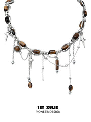 1ST XULIE "Desert Sunset" Boho Tiger Eye Tassel Necklace in 18K Gold Plated Brass - Side View