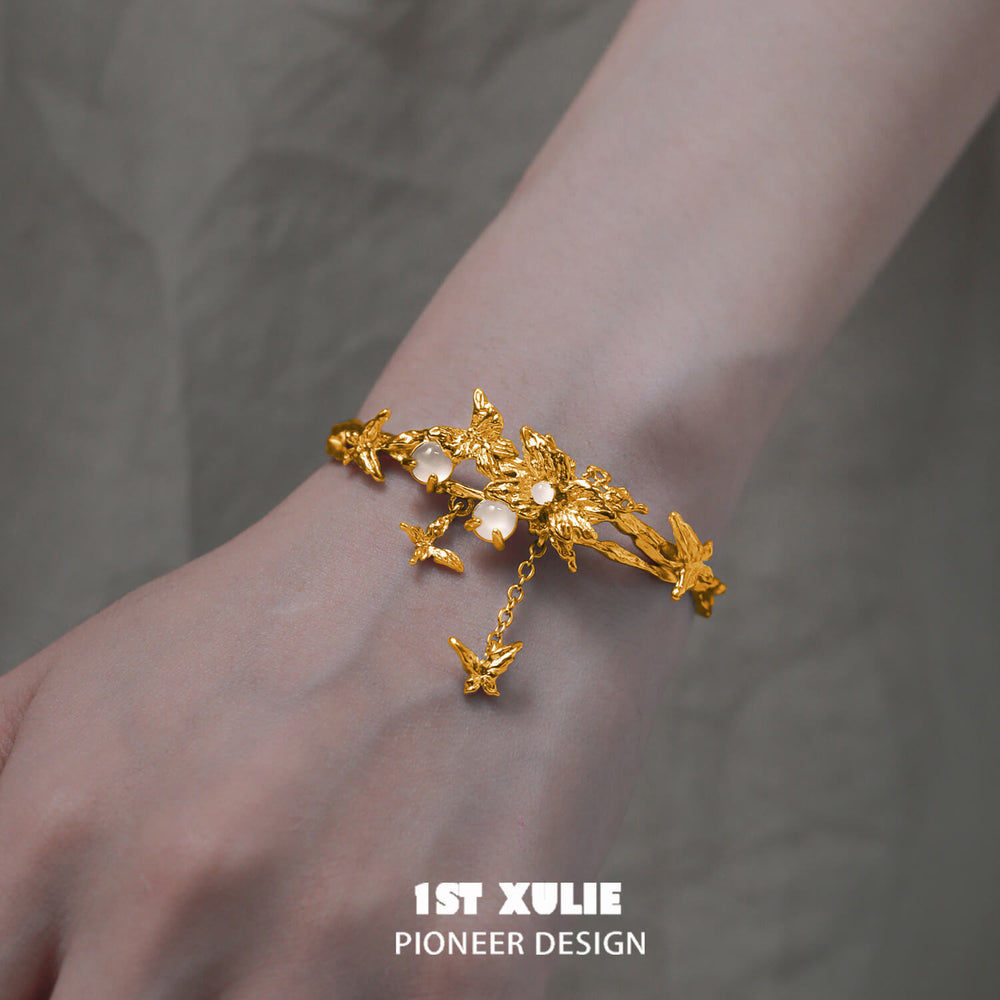 1ST XULIE "Whiterfly" Dainty Butterfly Chalcedony Chain Bracelet in 24K Gold Plated Brass - Product View