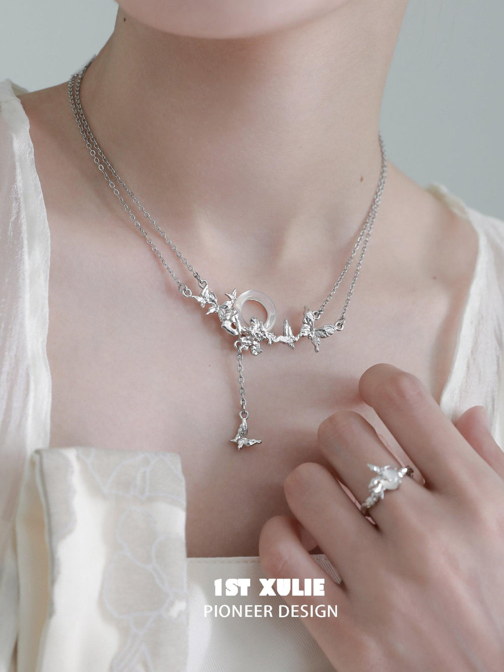 1ST XULIE "Whiterfly" Elegant Butterfly Chalcedony Pendant Necklace in 24K Gold Plated 925 Silver - On Model