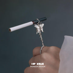 1ST XULIE "Whiterfly" Gothic Shell Butterfly Statement Cigarette Holder Ring in Platinum Plated - Product View