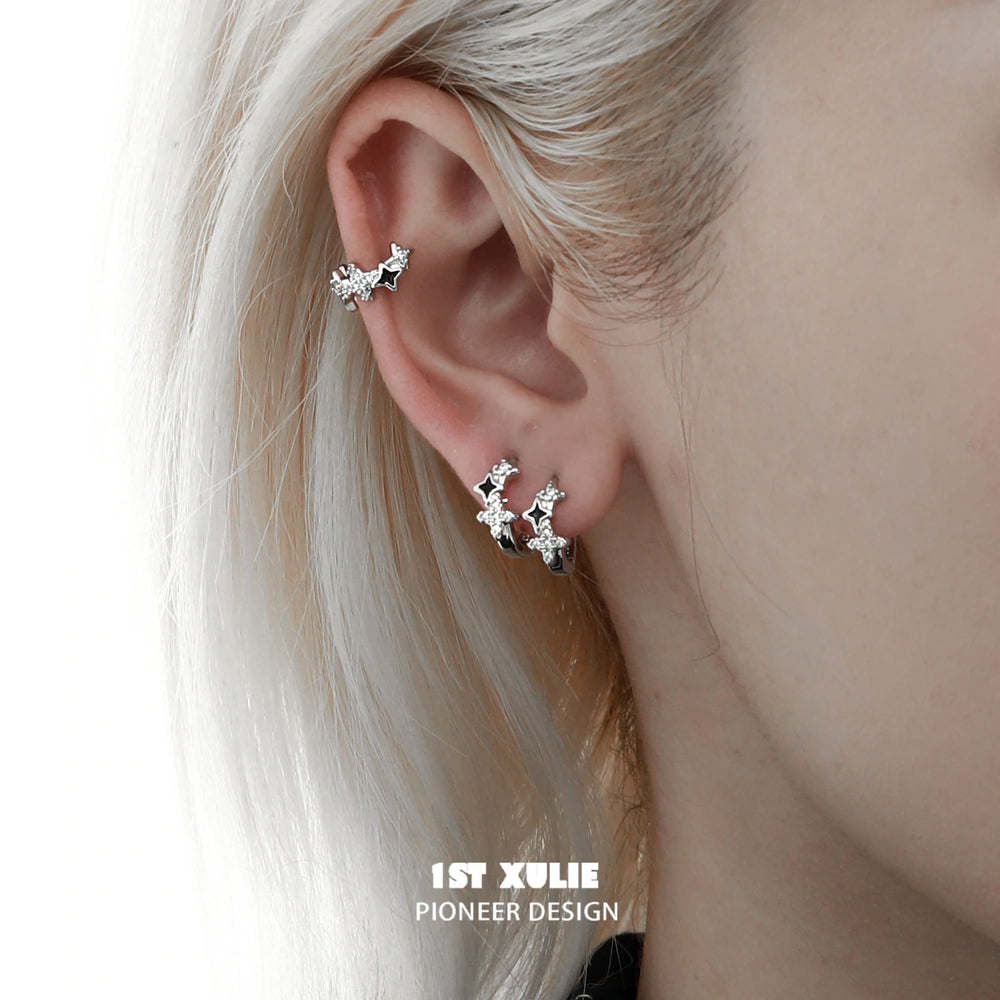 1ST XULIE "Star Trails" Dainty Butterfly Ear Clips & Stud Earrings in 925 Sterling Silver - Ear Cuff On Model