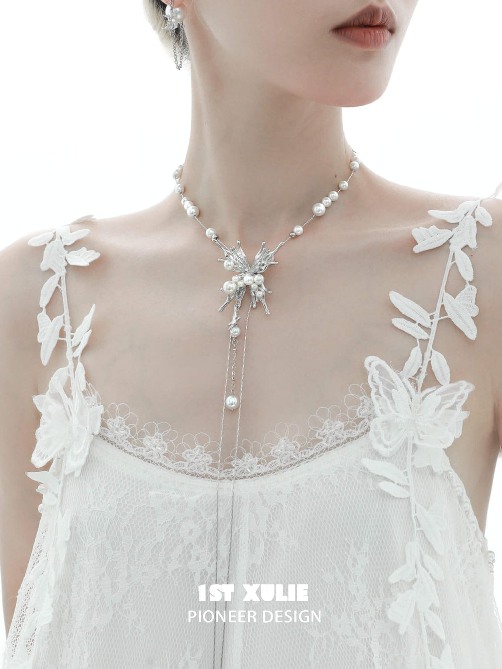 1ST XULIE "Whiterfly" Butterfly Pearl Lariat Necklace in Platinum Plated - Side View