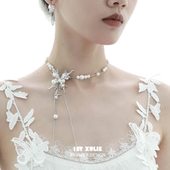 1ST XULIE "Whiterfly" Butterfly Pearl Lariat Necklace in Platinum Plated - Detail Shot