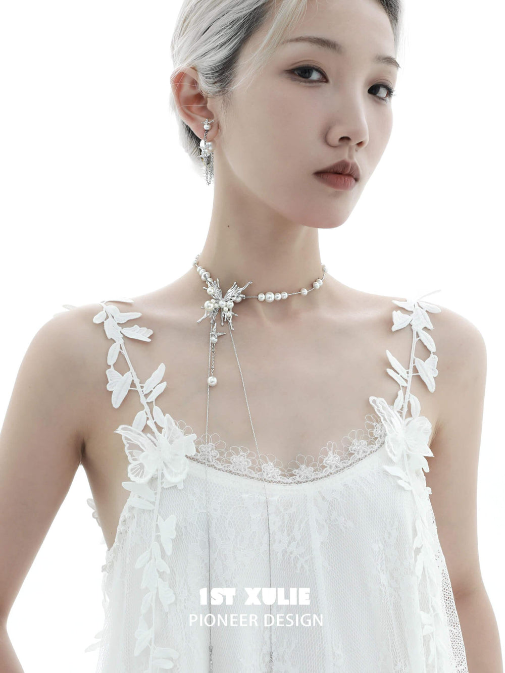 1ST XULIE "Whiterfly" Butterfly Pearl Lariat Necklace in Platinum Plated - Lifestyle Shot