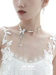 1ST XULIE "Whiterfly" Butterfly Pearl Lariat Necklace in Platinum Plated - Product View