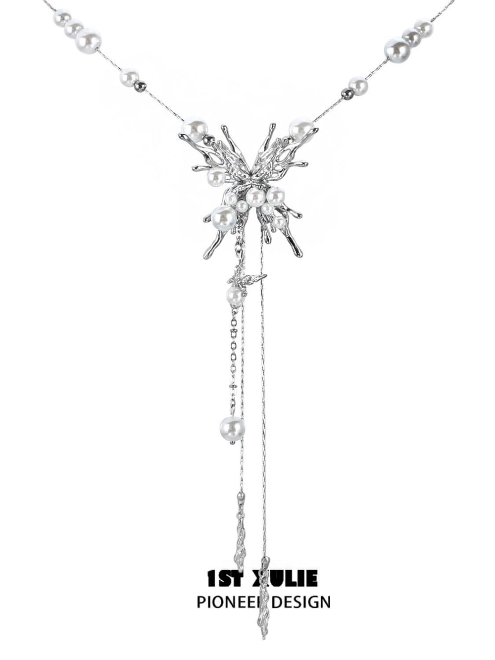 1ST XULIE "Whiterfly" Butterfly Pearl Lariat Necklace in Platinum Plated - On Model