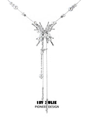 1ST XULIE "Whiterfly" Butterfly Pearl Lariat Necklace in Platinum Plated - On Model