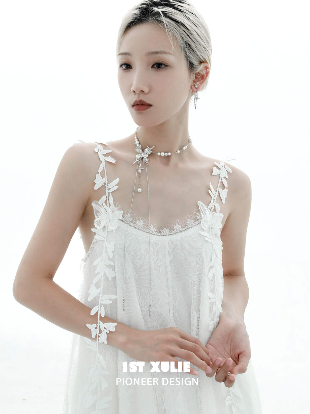 1ST XULIE "Whiterfly" Butterfly Pearl Lariat Necklace in Platinum Plated - On Model Close-up