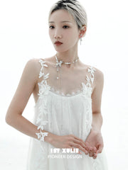 1ST XULIE "Whiterfly" Butterfly Pearl Lariat Necklace in Platinum Plated - On Model Close-up