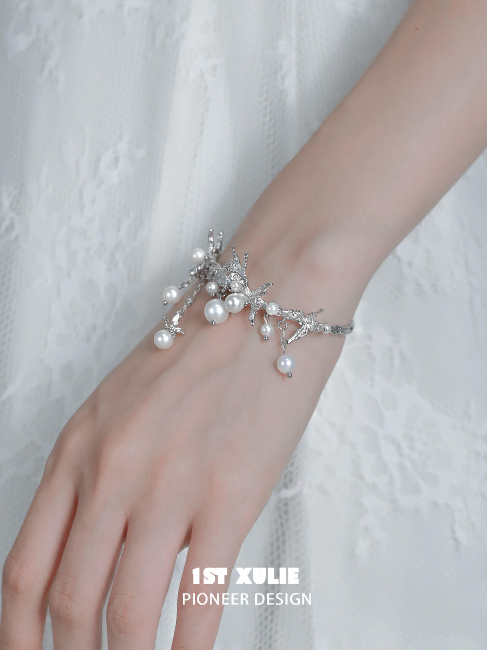 1ST XULIE "Whiterfly" Butterfly Pearl Tassel Cuff Bracelet in Platinum Plated Brass - Side View