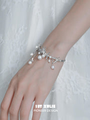1ST XULIE "Whiterfly" Butterfly Pearl Tassel Cuff Bracelet in Platinum Plated Brass - Side View