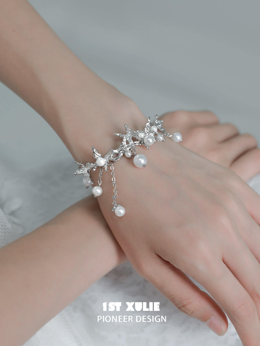 1ST XULIE "Whiterfly" Butterfly Pearl Tassel Cuff Bracelet in Platinum Plated Brass - Detail Shot