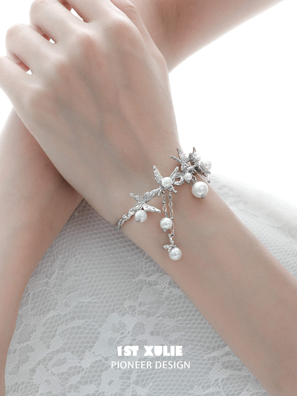 1ST XULIE "Whiterfly" Butterfly Pearl Tassel Cuff Bracelet in Platinum Plated Brass - Product View