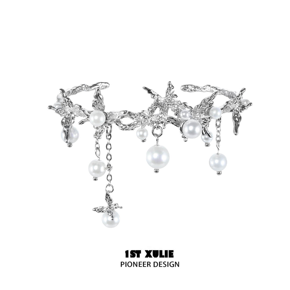 1ST XULIE "Whiterfly" Butterfly Pearl Tassel Cuff Bracelet in Platinum Plated Brass - On Model