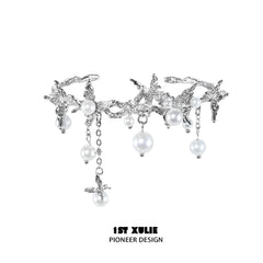 1ST XULIE "Whiterfly" Butterfly Pearl Tassel Cuff Bracelet in Platinum Plated Brass - On Model