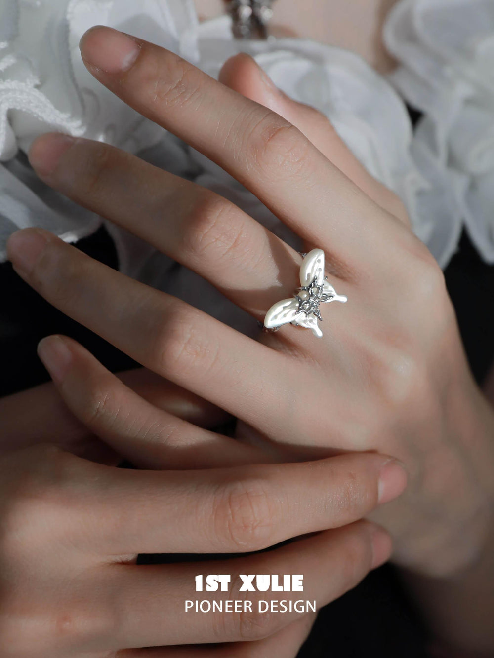 1ST XULIE "Whiterfly" Ethereal Butterfly Adjustable Open Shell Ring in 24K Gold Plated S925 Silver - Angled Product View