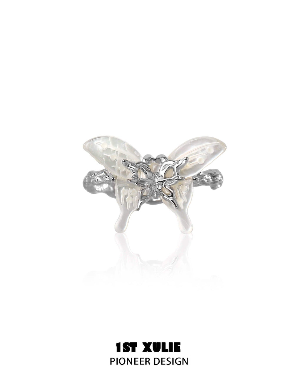 1ST XULIE "Whiterfly" Ethereal Butterfly Adjustable Open Shell Ring in 24K Gold Plated S925 Silver - Detail Shot