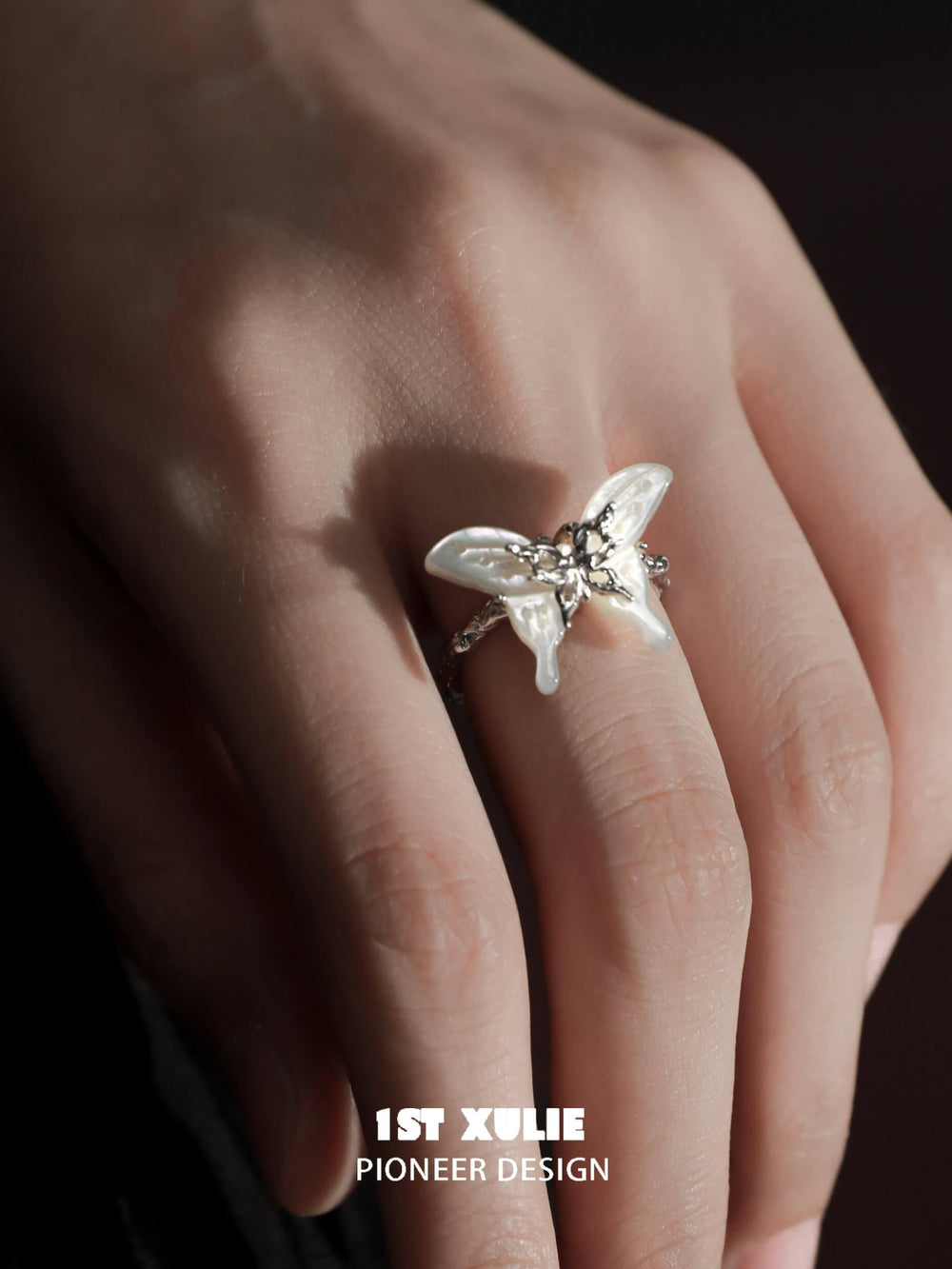 1ST XULIE "Whiterfly" Ethereal Butterfly Adjustable Open Shell Ring in 24K Gold Plated S925 Silver - Product View