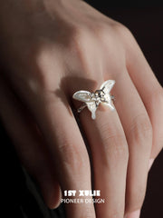 1ST XULIE "Whiterfly" Ethereal Butterfly Adjustable Open Shell Ring in 24K Gold Plated S925 Silver - Product View