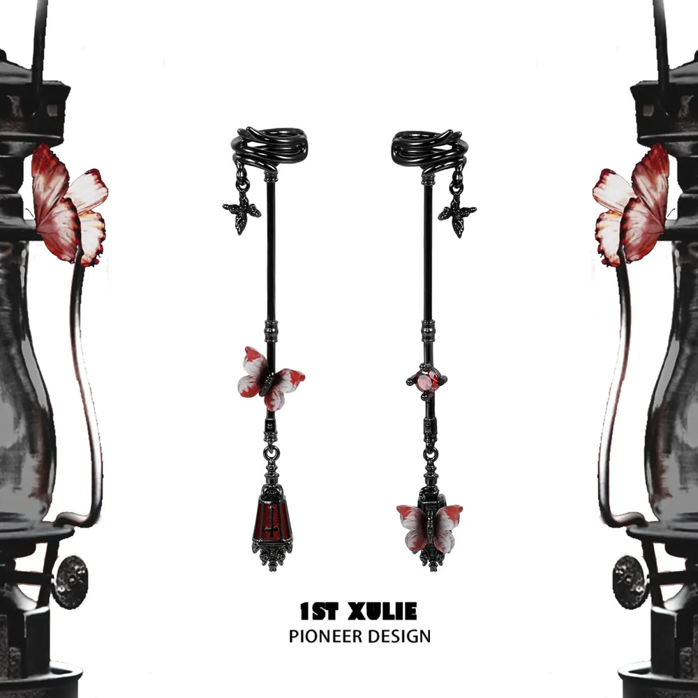 1ST XULIE "Butterfly Wasteland" Butterfly Tassel Dangle Ear Cuffs in Black Platinum Plated Brass - Product View