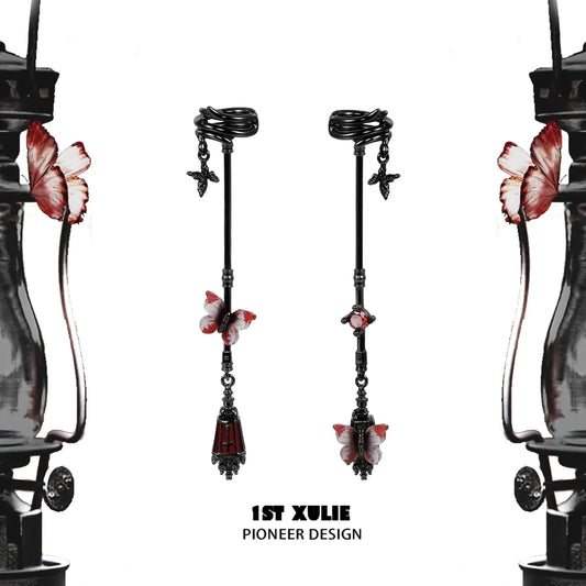 1ST XULIE "Butterfly Wasteland" Butterfly Tassel Dangle Ear Cuffs in Black Platinum Plated Brass - Product View