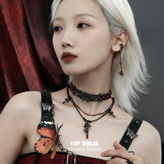 1ST XULIE "Butterfly Wasteland" Butterfly Tassel Dangle Ear Cuffs in Black Platinum Plated Brass - On Model Close-Up