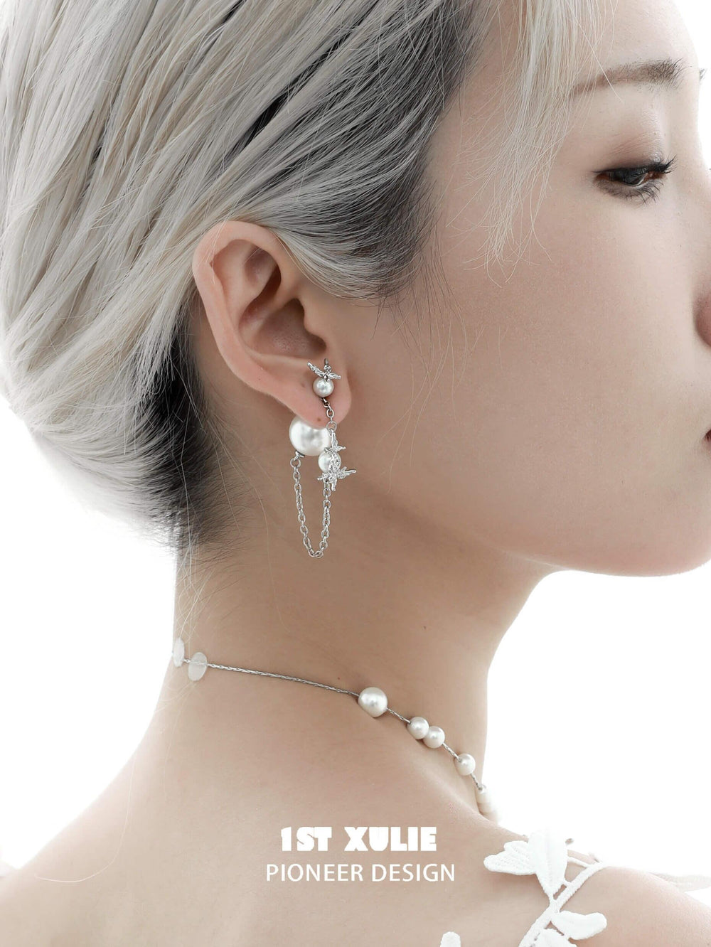 1ST XULIE "Whiterfly" Sculptural Butterfly Wing Pearl Stud Earrings in Platinum Plated Silver - Detail Shot
