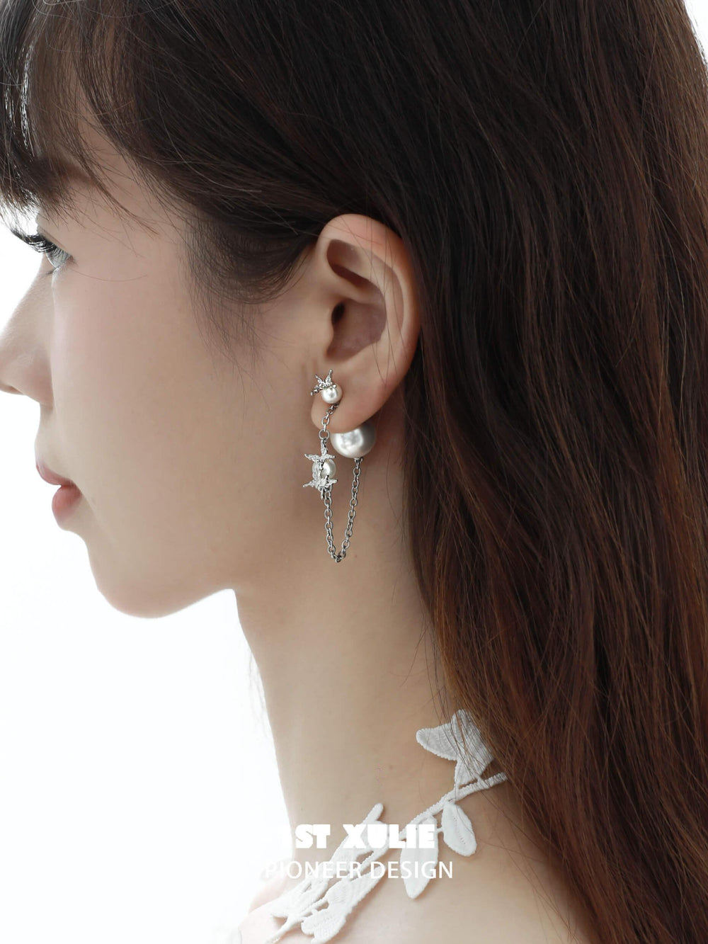 1ST XULIE "Whiterfly" Sculptural Butterfly Wing Pearl Stud Earrings in Platinum Plated Silver - On Model Close-Up