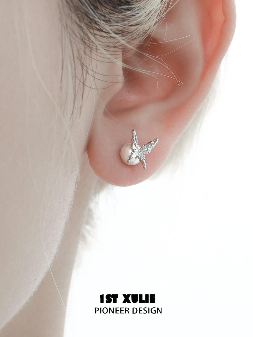 1ST XULIE "Whiterfly" Sculptural Butterfly Wing Pearl Stud Earrings in Platinum Plated Silver - Side View