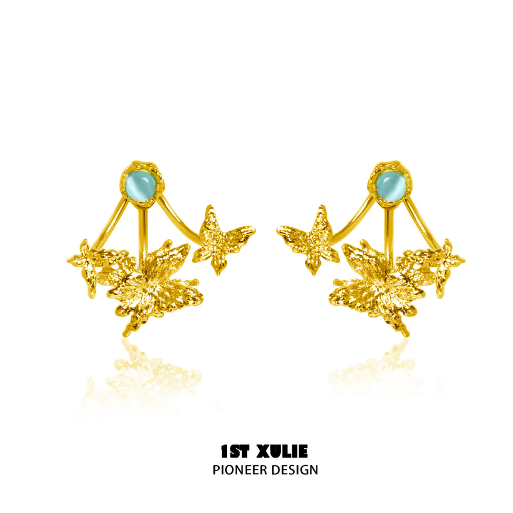 1ST XULIE "Whiterfly" Asymmetrical Gothic Butterfly Wing Stud Earrings in 24K Gold & Platinum Plated - Detail Shot