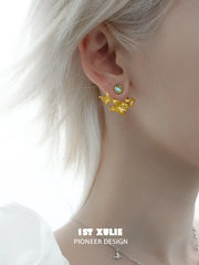 1ST XULIE "Whiterfly" Asymmetrical Gothic Butterfly Wing Stud Earrings in 24K Gold & Platinum Plated - On Model