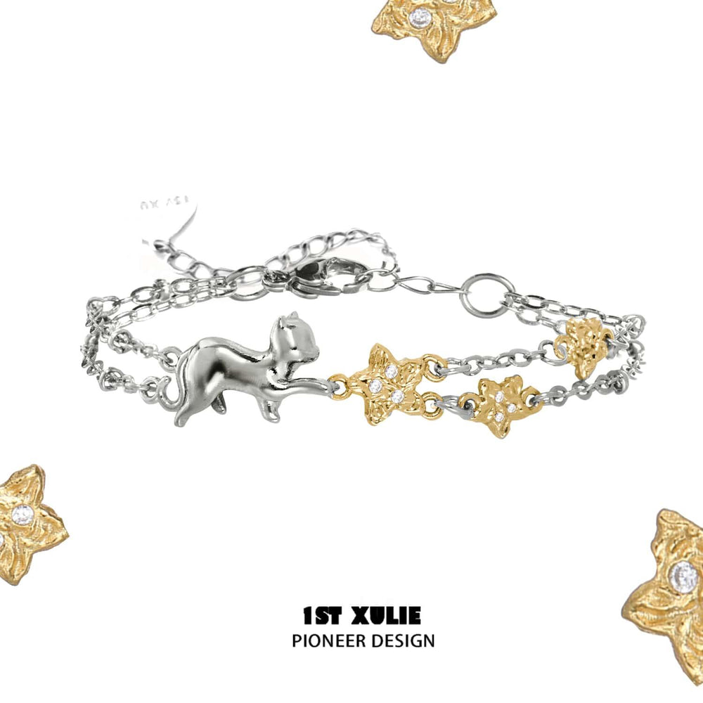 1ST XULIE "CAT'S GAZE" Cat Head Chain Bracelet in Platinum Plated Stainless Steel - Detail Shot