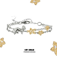 1ST XULIE "CAT'S GAZE" Cat Head Chain Bracelet in Platinum Plated Stainless Steel - Detail Shot