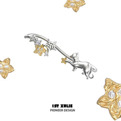 1ST XULIE "CAT'S GAZE" Sculptural Cat Head Statement Cuff Earrings in Platinum Plated - On Model