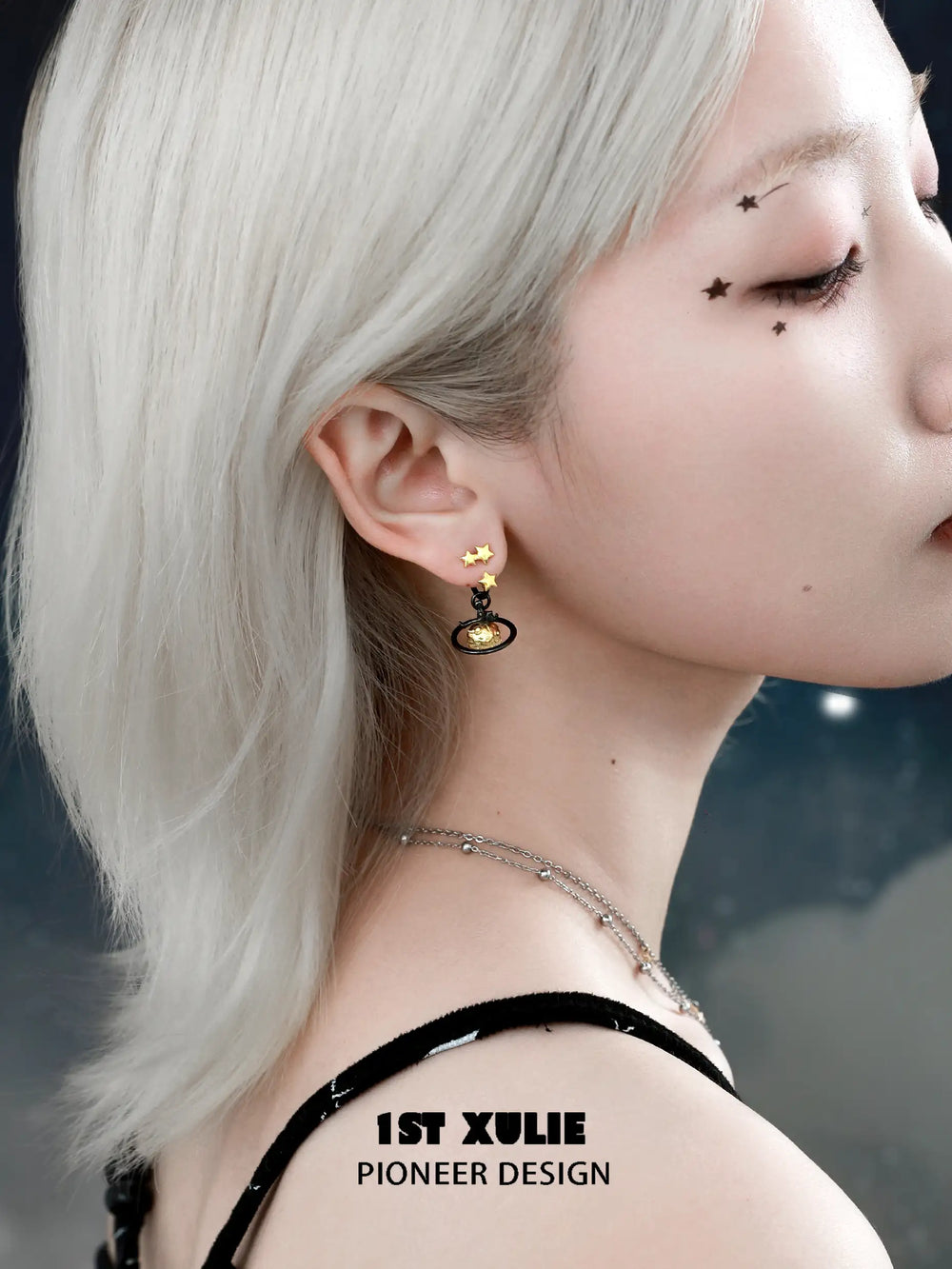 1ST XULIE "Cat's Gaze" Detachable Cat Head Dangle Stud Earrings in Platinum Plated Brass - Product View on Display