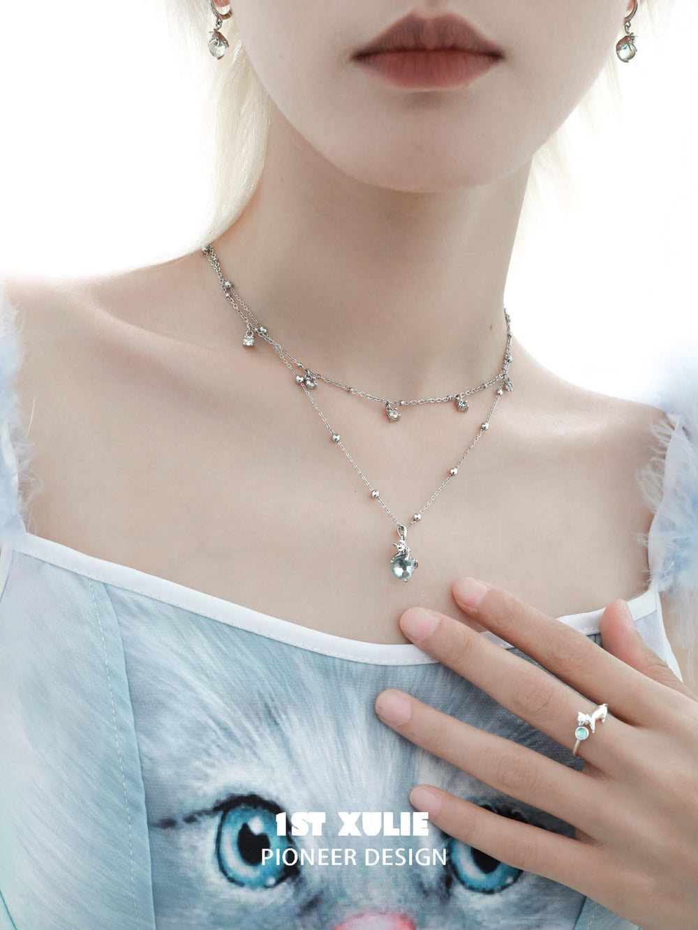 1ST XULIE "Cat's Gaze" Crystal Pendant Choker Necklace in Platinum Plated - Product View