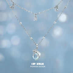 1ST XULIE "Cat's Gaze" Crystal Pendant Choker Necklace in Platinum Plated - On Model Close-up