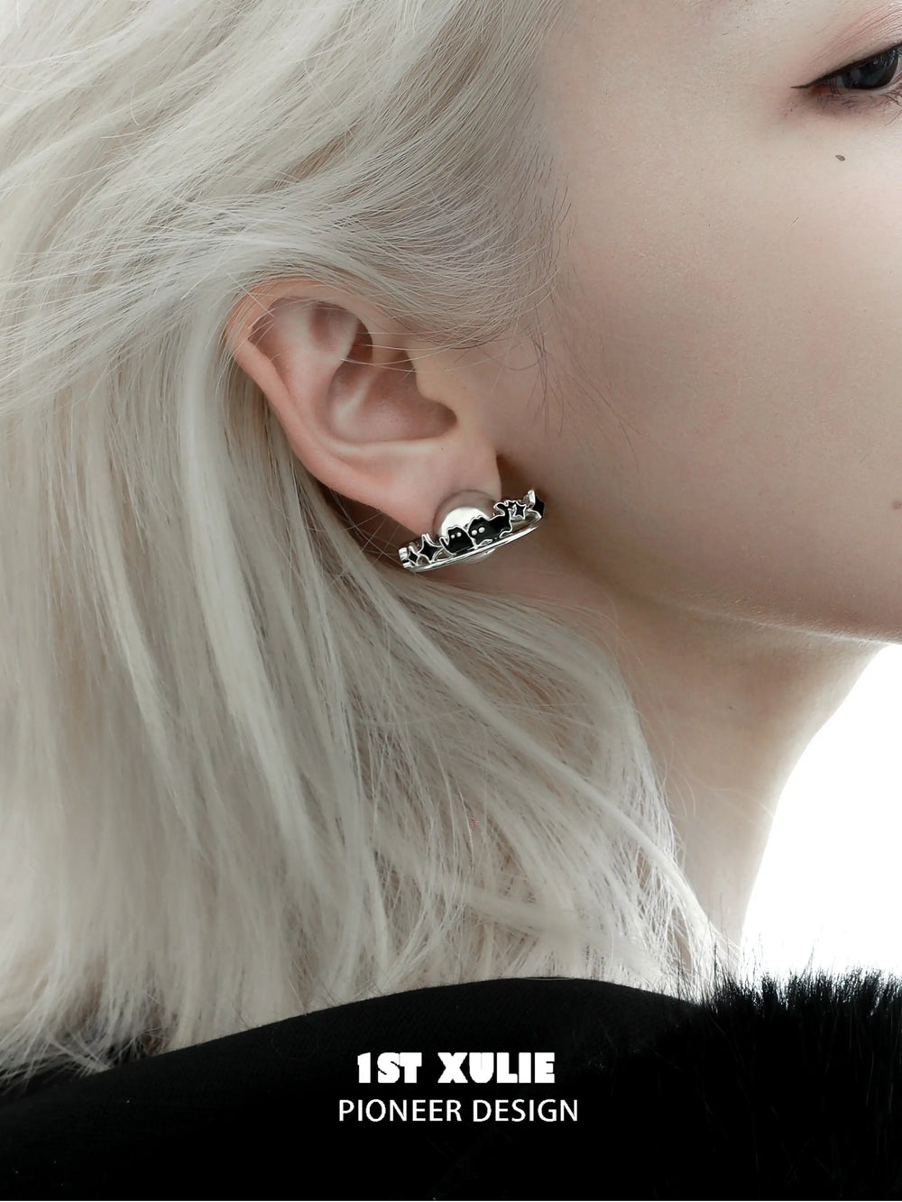 1ST XULIE "Ghosts Black Cat" Celestial Black Cat Planet Earrings in 18K Black Gold Plated - Back View