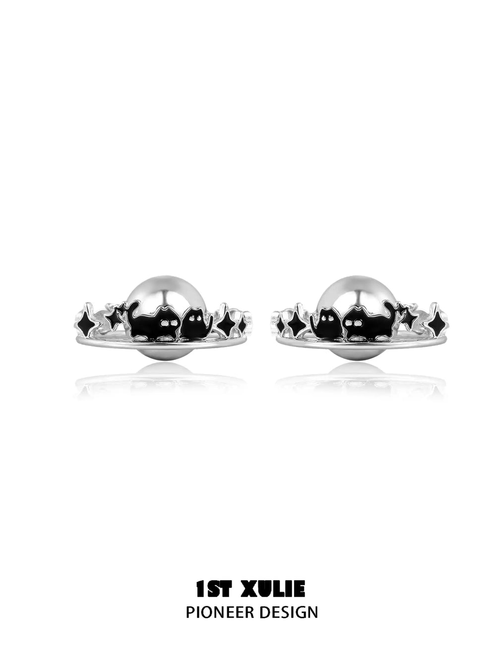 1ST XULIE "Ghosts Black Cat" Celestial Black Cat Planet Earrings in 18K Black Gold Plated - On Model