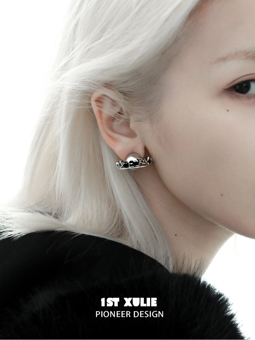 1ST XULIE "Ghosts Black Cat" Celestial Black Cat Planet Earrings in 18K Black Gold Plated - Side View
